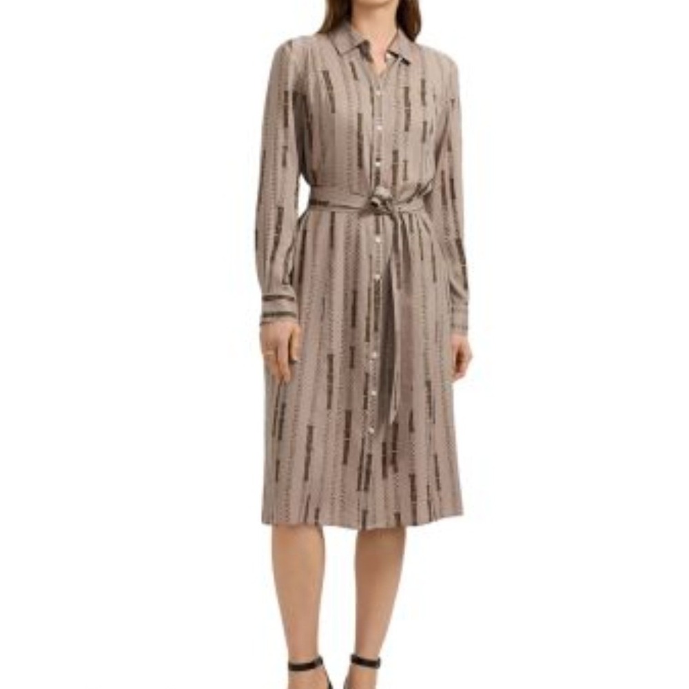 Foxcroft Tan Brown Chain Buckle Print Shirt Dress Midi Belted Equestrian Style